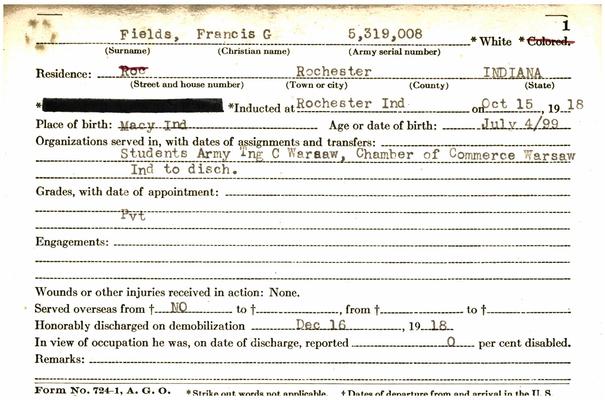 Indiana WWI Service Record Cards, Army and Marine Last Names "FES - FIR"