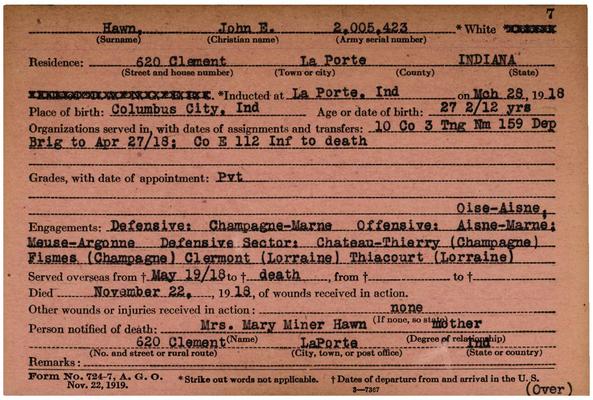 Indiana WWI Service Record Cards, Army and Marine Last Names "HAW - HAZ"