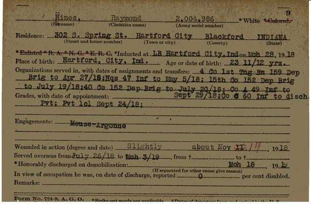 Indiana WWI Service Record Cards, Army and Marine Last Names "HIN - HOB"