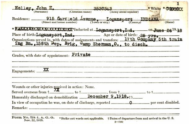 Indiana WWI Service Record Cards, Army and Marine Last Names "HOL - HOM"