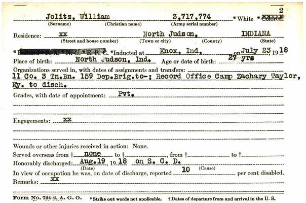Indiana WWI Service Record Cards, Army and Marine Last Names "JOJ - JON"