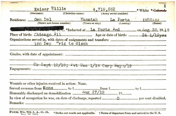 Indiana WWI Service Record Cards, Army and Marine Last Names "KAA - KAU"