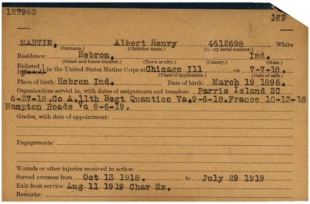 Indiana WWI Service Record Cards, Army and Marine Last Names "MART - MAS"