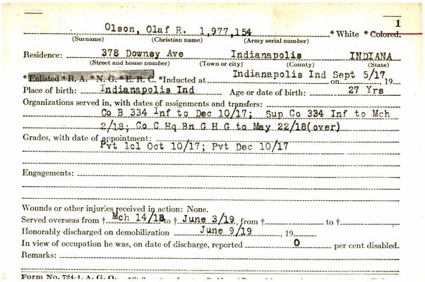 Indiana WWI Service Record Cards, Army and Marine Last Names "OLC - ORZ"