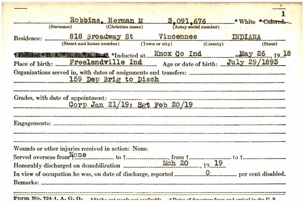 Indiana WWI Service Record Cards, Army and Marine Last Names "ROB"