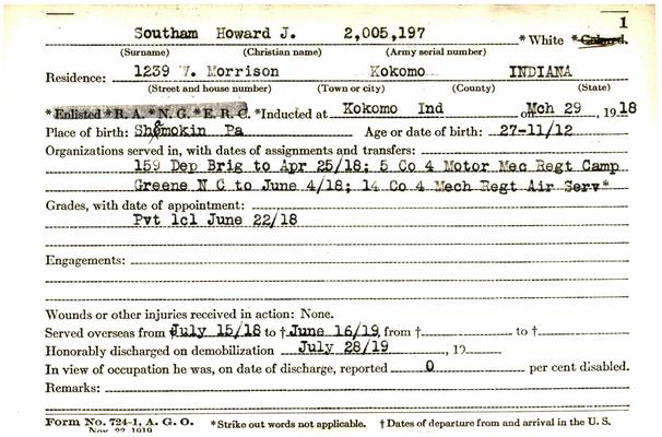 Indiana WWI Service Record Cards, Army and Marine Last Names "SOT - SPO"