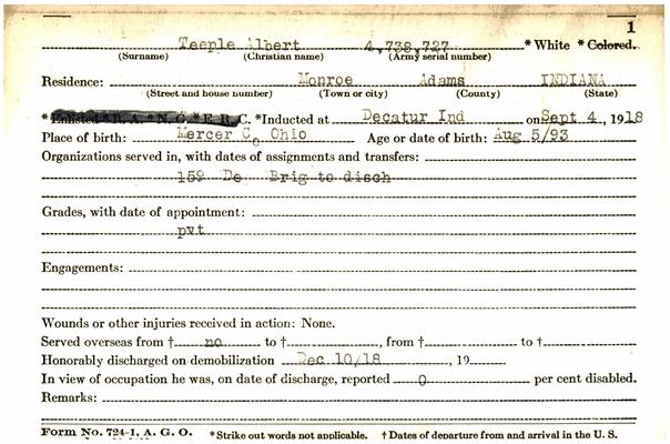 Indiana WWI Service Record Cards, Army and Marine Last Names "TCE - THI"