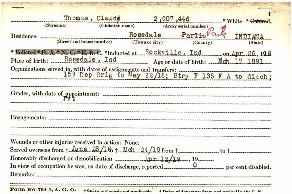 Indiana WWI Service Record Cards, Army and Marine Last Names "THOB - THOR"