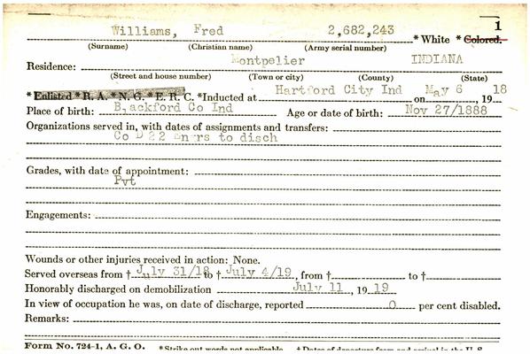 Indiana WWI Service Record Cards, Army and Marine Last Names "WILL"
