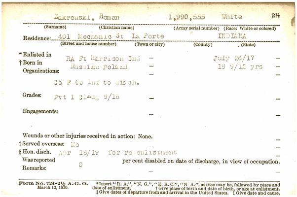 Indiana WWI Service Record Cards, Army and Marine Last Names "ZAA - ZYW"
