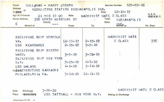 Indiana WWI Service Record Cards, Navy Last Names "CAB - COF"