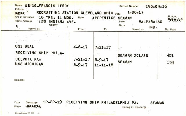 Indiana WWI Service Record Cards, Navy Last Names "QUA - QUI"