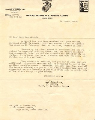 Letter from Maj. F. Belton to Eva S. Moorefield, Mar. 26, 1945