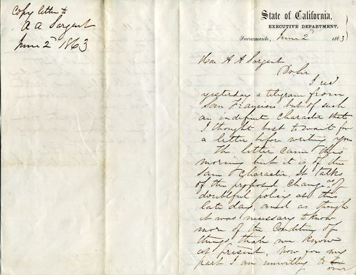 Leland Stanford letter to A.A. Sargent