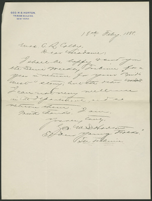 George Horton letter to Celestia Colby 18 Feb 1888