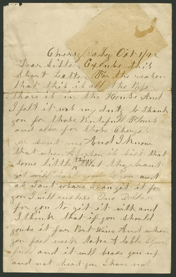 John Rice letter to Celestia Colby 1 Oct 1892