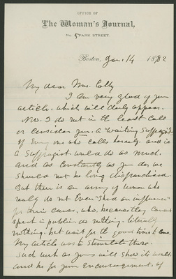 Lucy Stone letter to Celestia Colby 14 Jan 1882