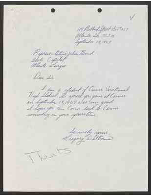 To Julian Bond from Gregory Williams, 19 Sept 1967, with Bond note