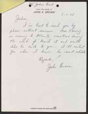 To Julian Bond from John Brown, 1 Mar 1968, with Bond's draft response