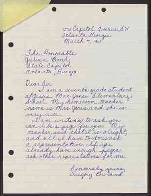 To Julian Bond from Gregory Rowland, 7 Mar 1968, with Bond's draft response