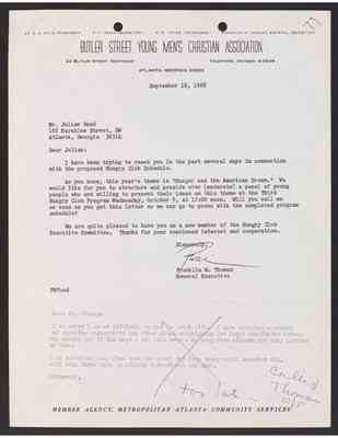 To Julian Bond from Franklin Thomas, 18 Sept 1968, with Bond's draft response