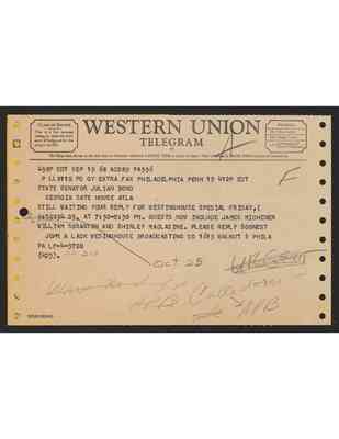 To Julian Bond from John Lack, Telegram, 19 Sept 1968, with Bond notes