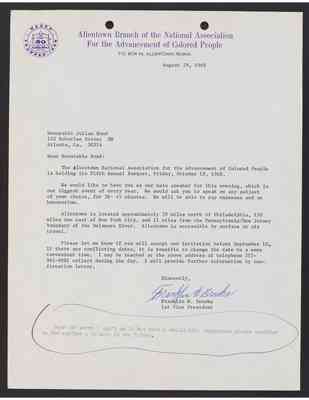 To Julian Bond from Franklin Brooks, 29 Aug 1968, with Bond's draft response