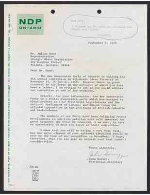 To Julian Bond from John Harney, 6 Sept 1968, with Bond's draft response