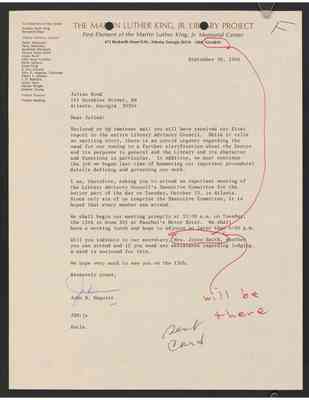 To Julian Bond from from John Maguire, regarding the Martin Luther King Library, 30 Sept 1968, with Bond's draft response