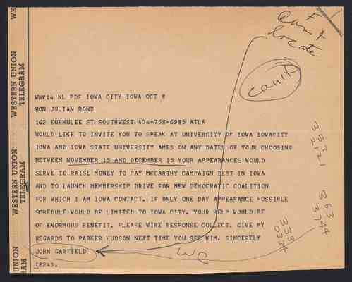 To Julian Bond from John Garfield, Telegram, 8 Oct 1968, with Bond's draft response