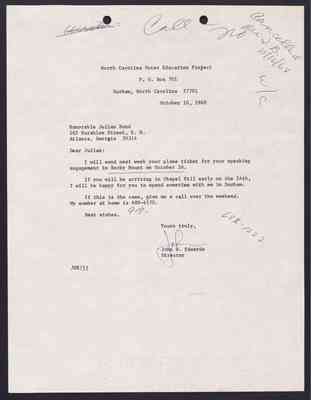 To Julian Bond from John Edwards, 10 Oct 1968, with Bond's draft response