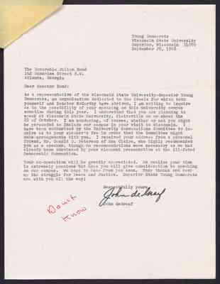 To Julian Bond from John deGraaf, 29 Sept 1968, with Bond's draft response