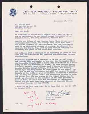 To Julian Bond from James Patton, 17 Sept 1968, with Bond's draft response
