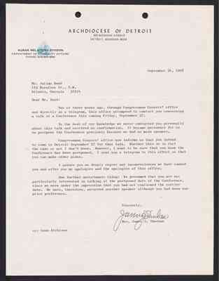 To Julian Bond from James J. Sheehan, 24 Sept 1968, with Bond's draft response