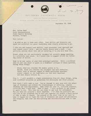To Julian Bond from John Henley, III, 30 Sept 1968, publishing offer with shorthand response