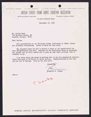 To Julian Bond from Franklin Thomas, 18 Sept 1968, with Bond's draft response