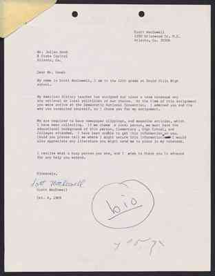 (Student Letter) To Julian Bond from Scott MacDowell, 4 Oct 1968, with Bond's draft response