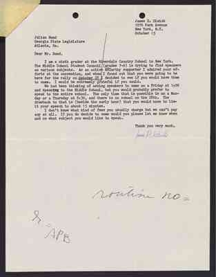 (Student Letter) To Julian Bond from James Gleick, 15 Oct 1968, with Bond's draft response