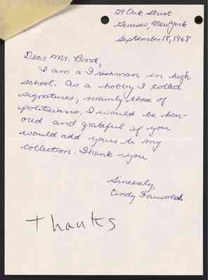 (Student Letter) To Julian Bond from Cindy Fausold, 18 Sept 1968, with Bond's draft response