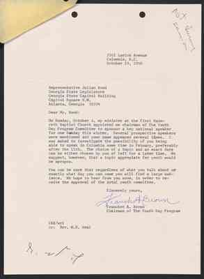 To Julian Bond from Franchot Brown, 19 Oct 1968, with Bond's draft response and shorthand
