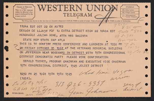 To Julian Bond from Gerald Tuchow, Telegram, 22 Oct 1968, with draft response
