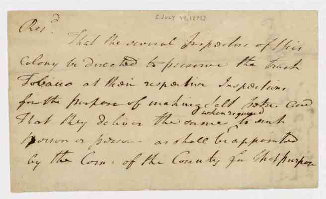 Resolution regarding trash tobacco, 1775 July 29.