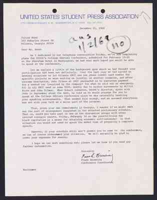 To Julian Bond from Frank Browning, 21 Dec 1968, with Bond's draft response