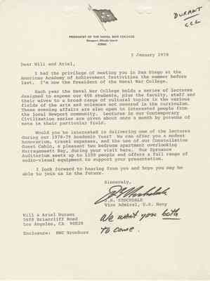 Letter from James B. Stockdale to Will and Ariel Durant, 1978 Jan 3