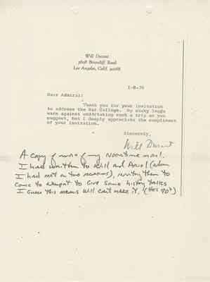 Letter from Will Durant to James B. Stockdale, 1978 Jan 8