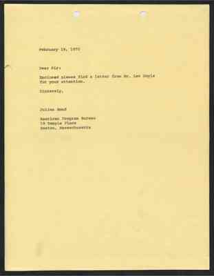 From Julian Bond to American Program Bureau, 19 Feb 1970