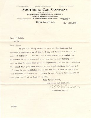 Southern Car Company Letter, 1914