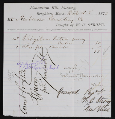 1873-10-28 Horticulture Invoice: W. C. Strong, Nonantum Nursery, 2021.005.049  