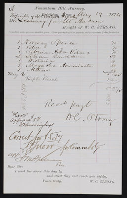 1874-05-19 Horticulture Invoice: W. C. Strong, Nonantum Hill Nursery, 2021.005.059    