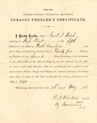 Tobacco Peddler's Certificate, 1874